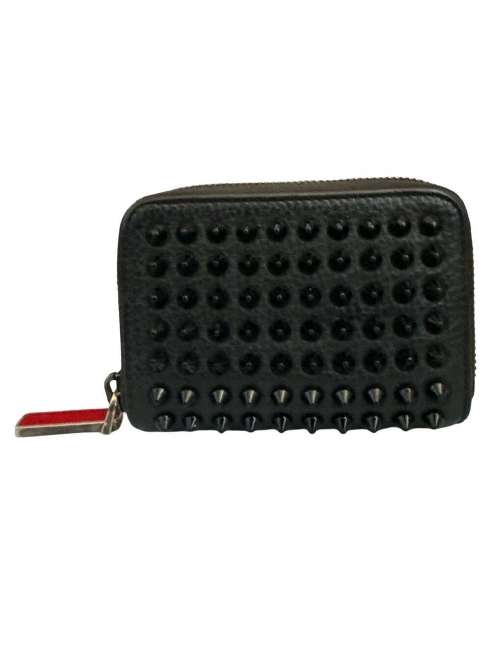 Christian Louboutin Black Leather Spiked Zip Coin Purse Wallet Red Interior Auth